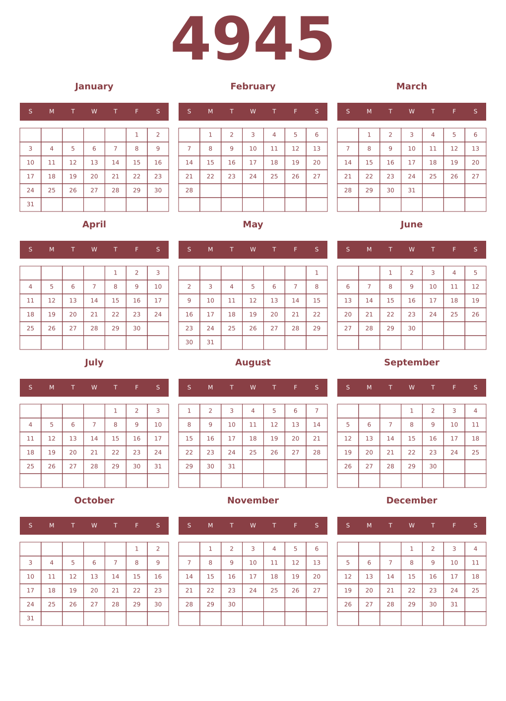Printable 4945 Year Calendars cordovan