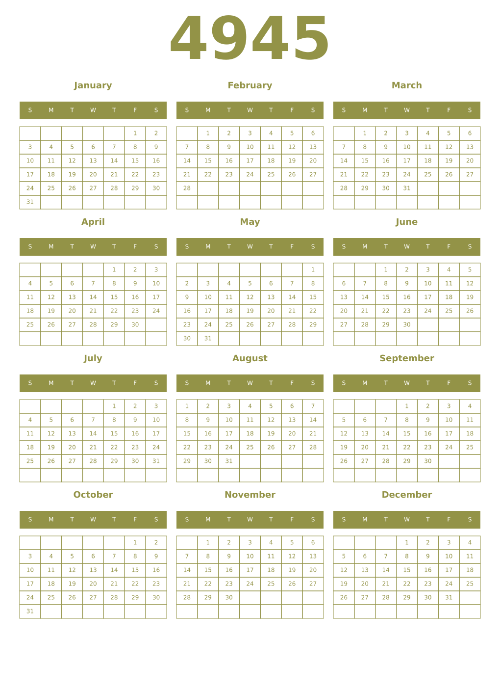 Printable 4945 Year Calendars eburnean