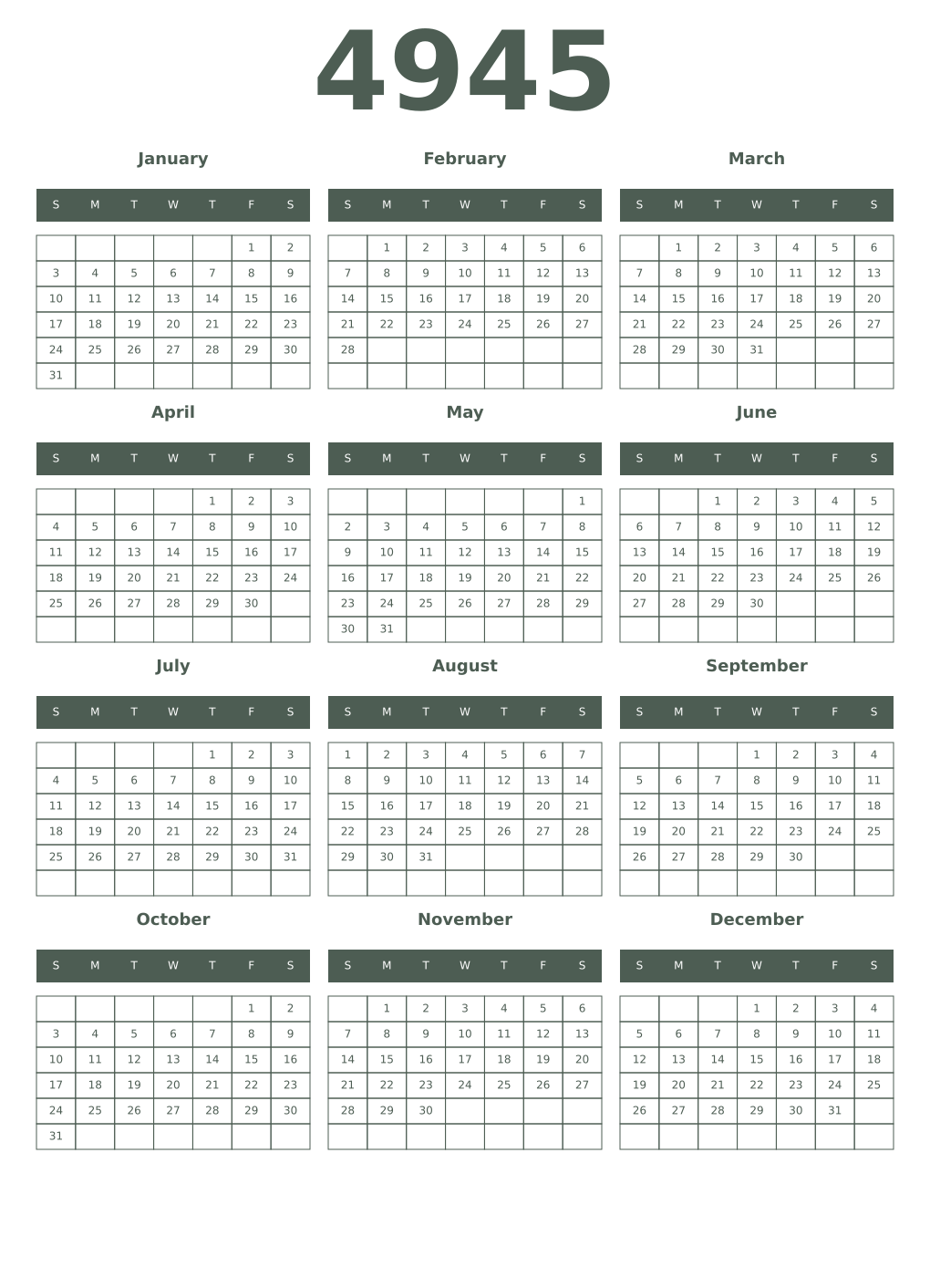 Printable 4945 Year Calendars feldgrau