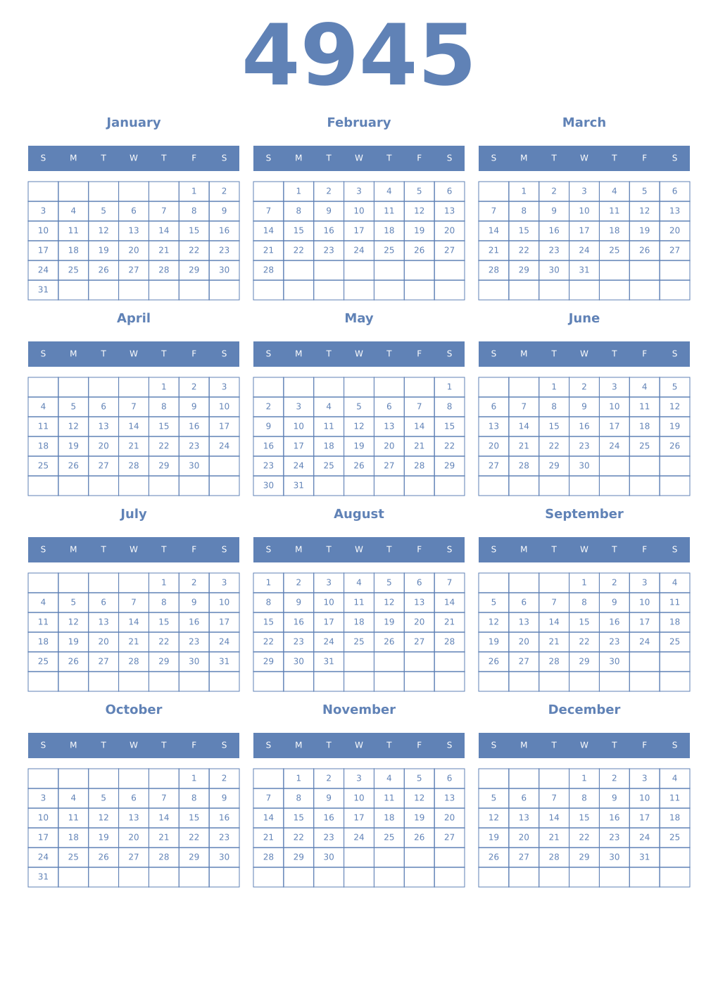 Printable 4945 Year Calendars glaucous