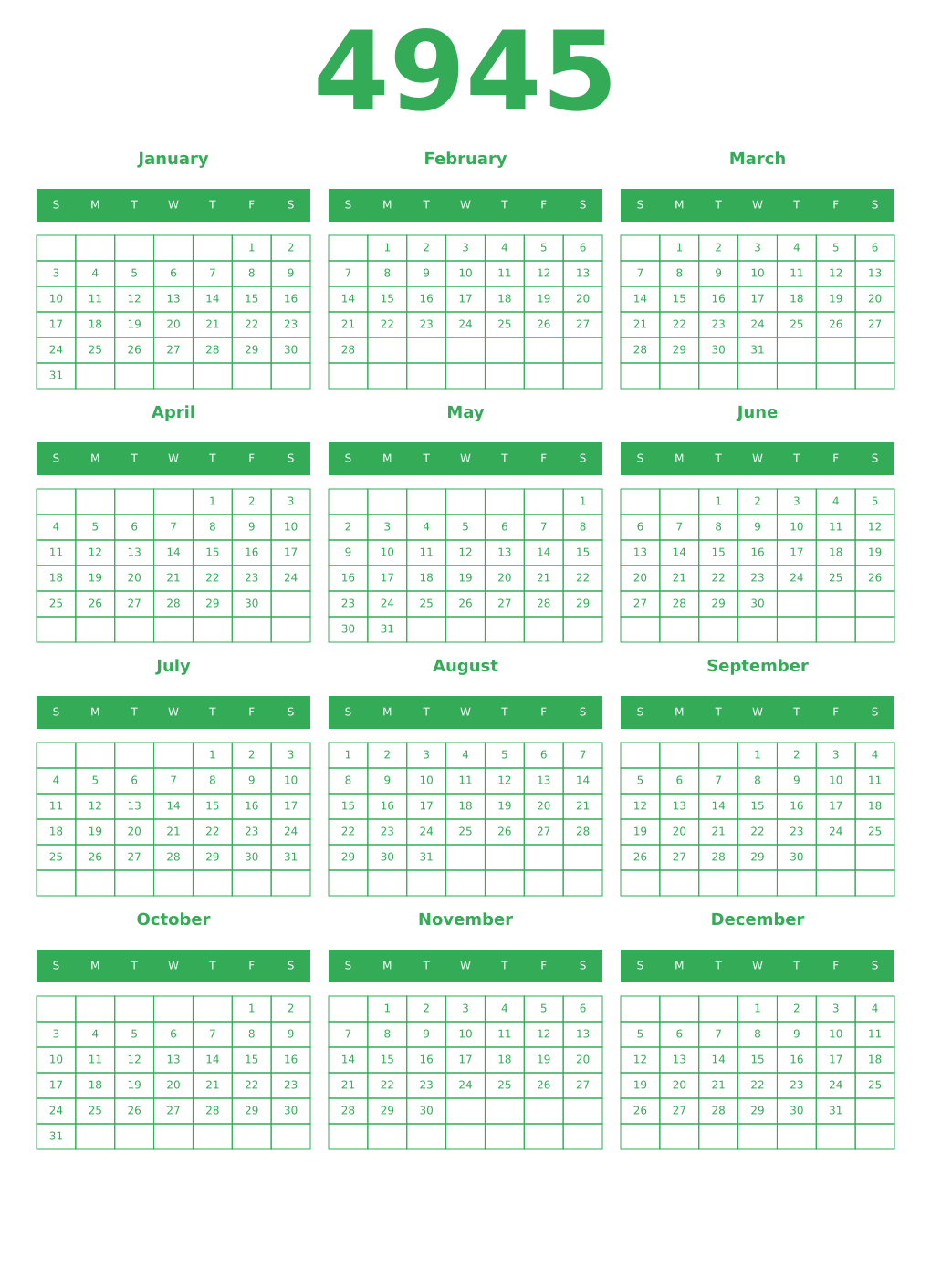 Printable 4945 Year Calendars green