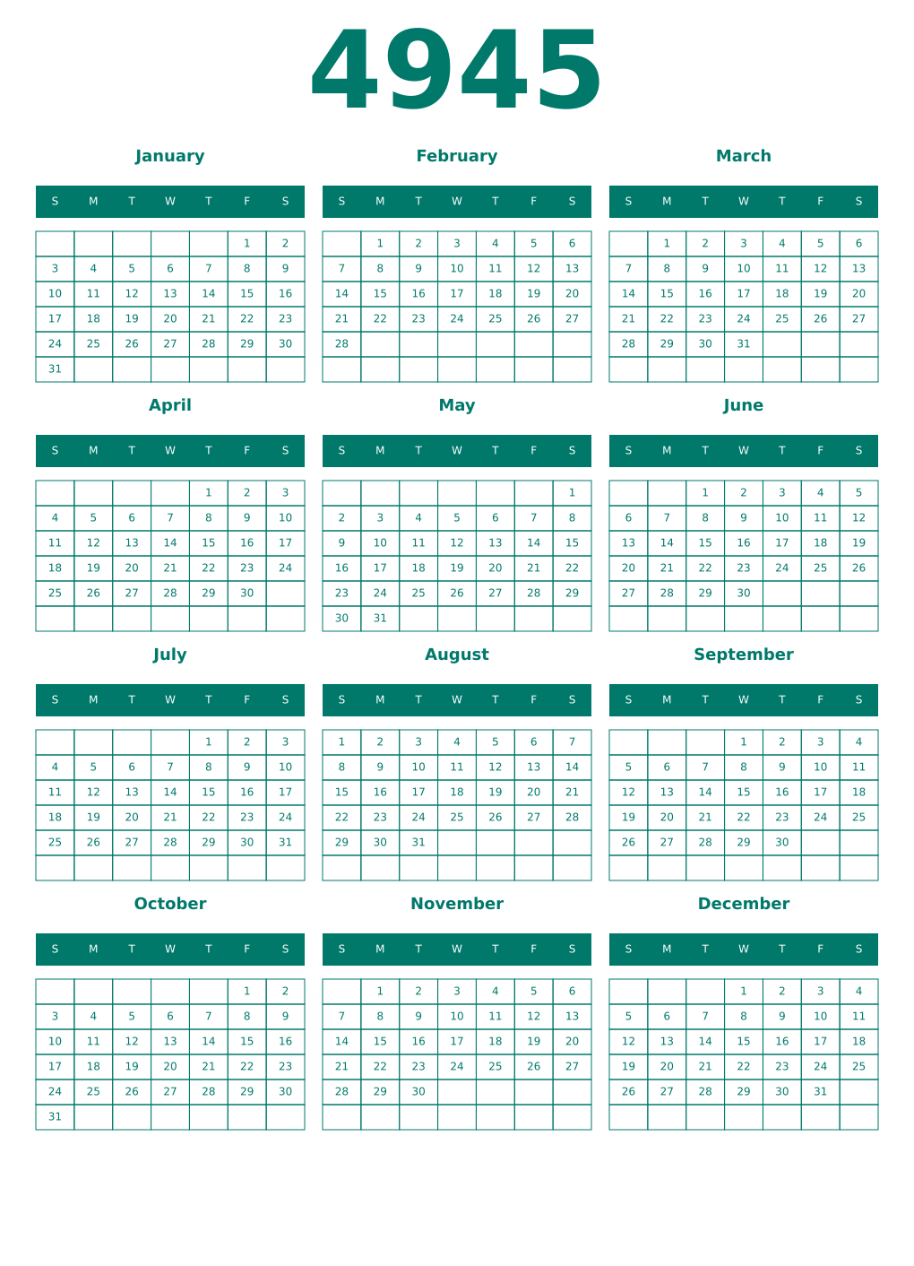 Printable 4945 Year Calendars pastel