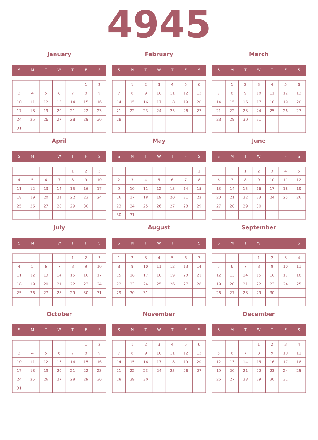 Printable 4945 Year Calendars puce