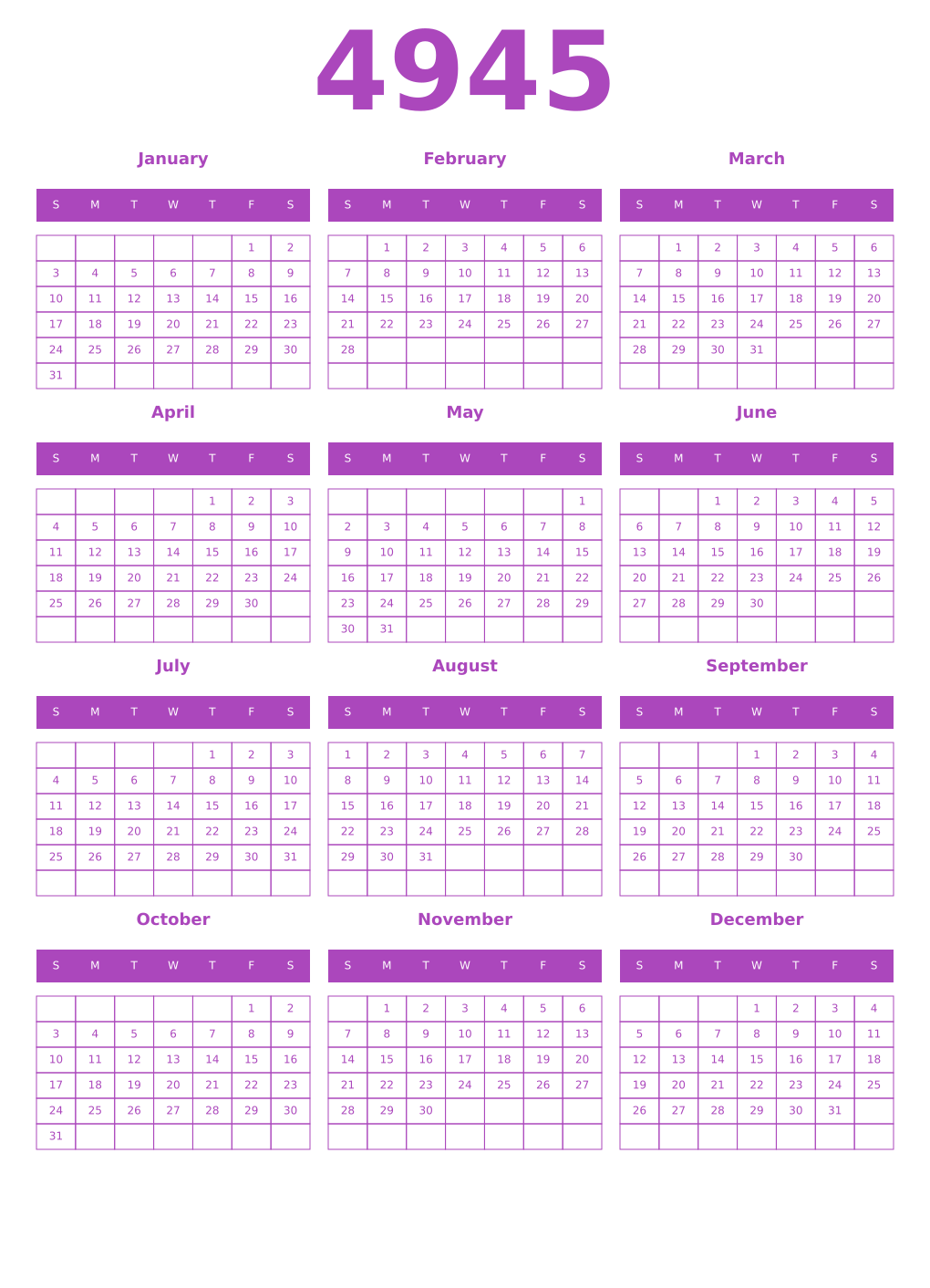 Printable 4945 Year Calendars purple