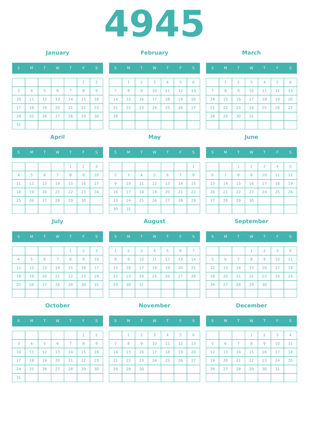 Printable 4945 Year Calendars verdigris