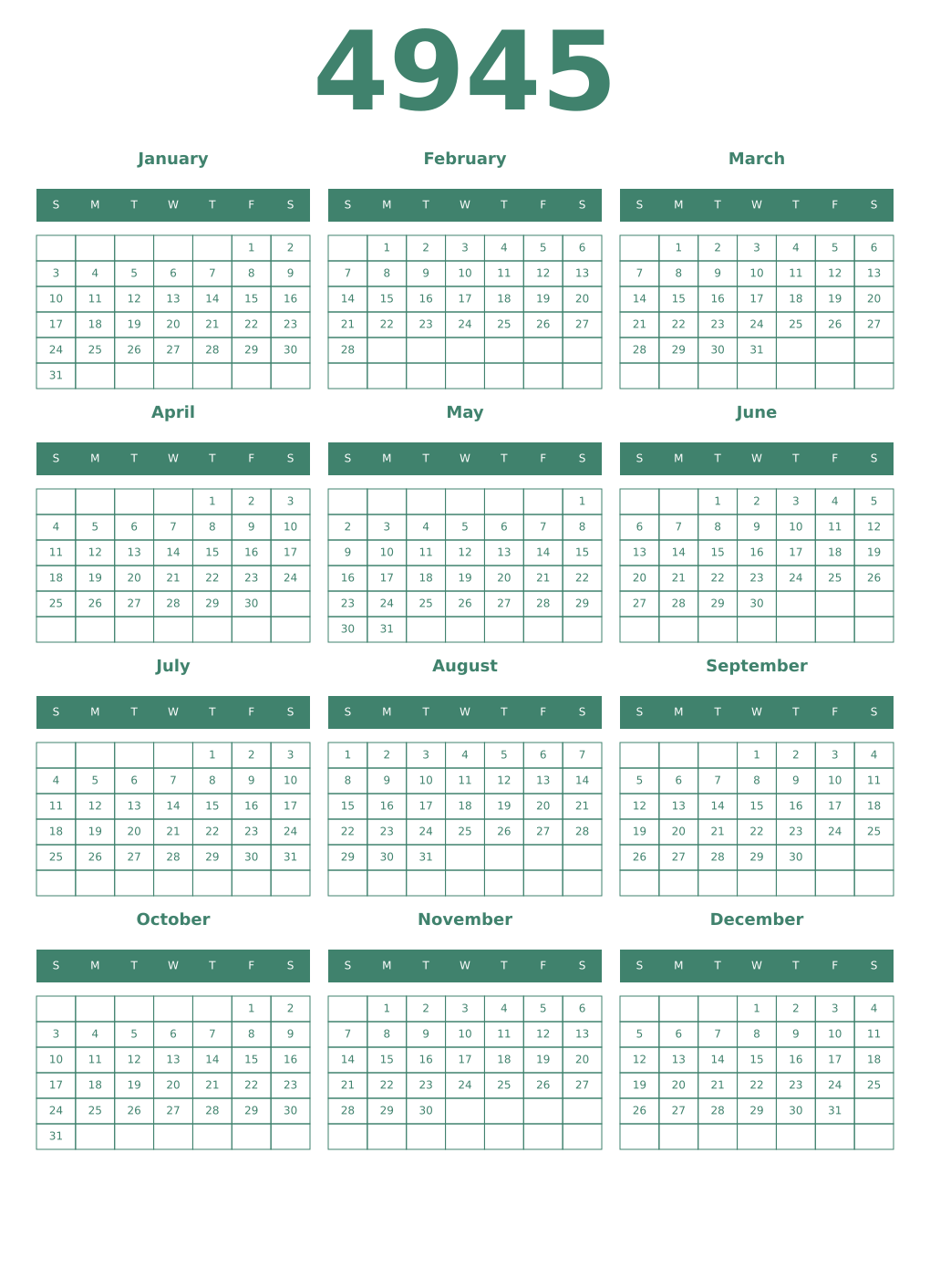 Printable 4945 Year Calendars viridian