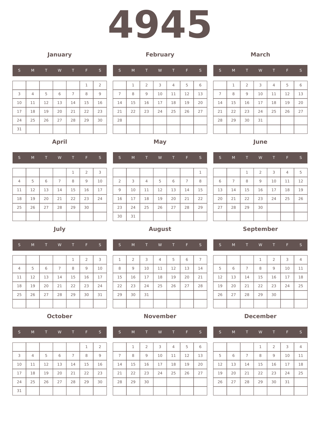 Printable 4945 Year Calendars wenge