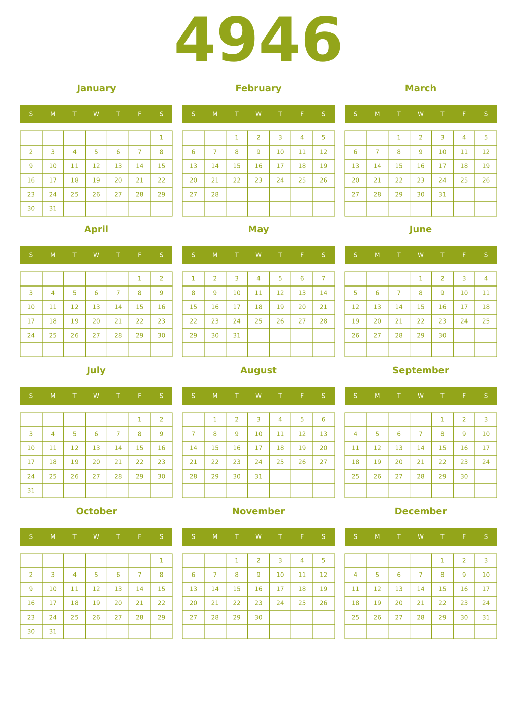 Printable 4946 Year Calendars chartreuse