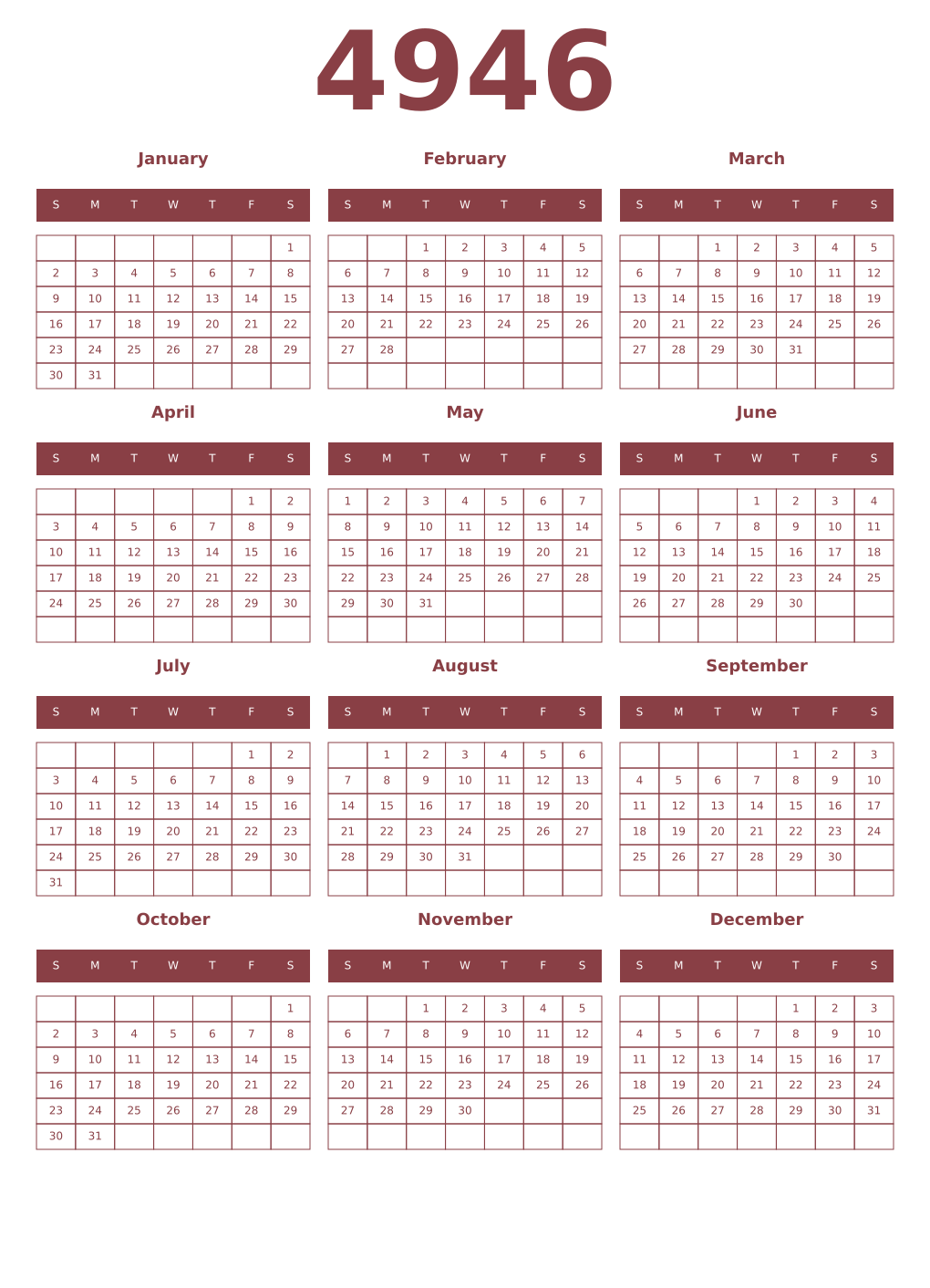 Printable 4946 Year Calendars cordovan
