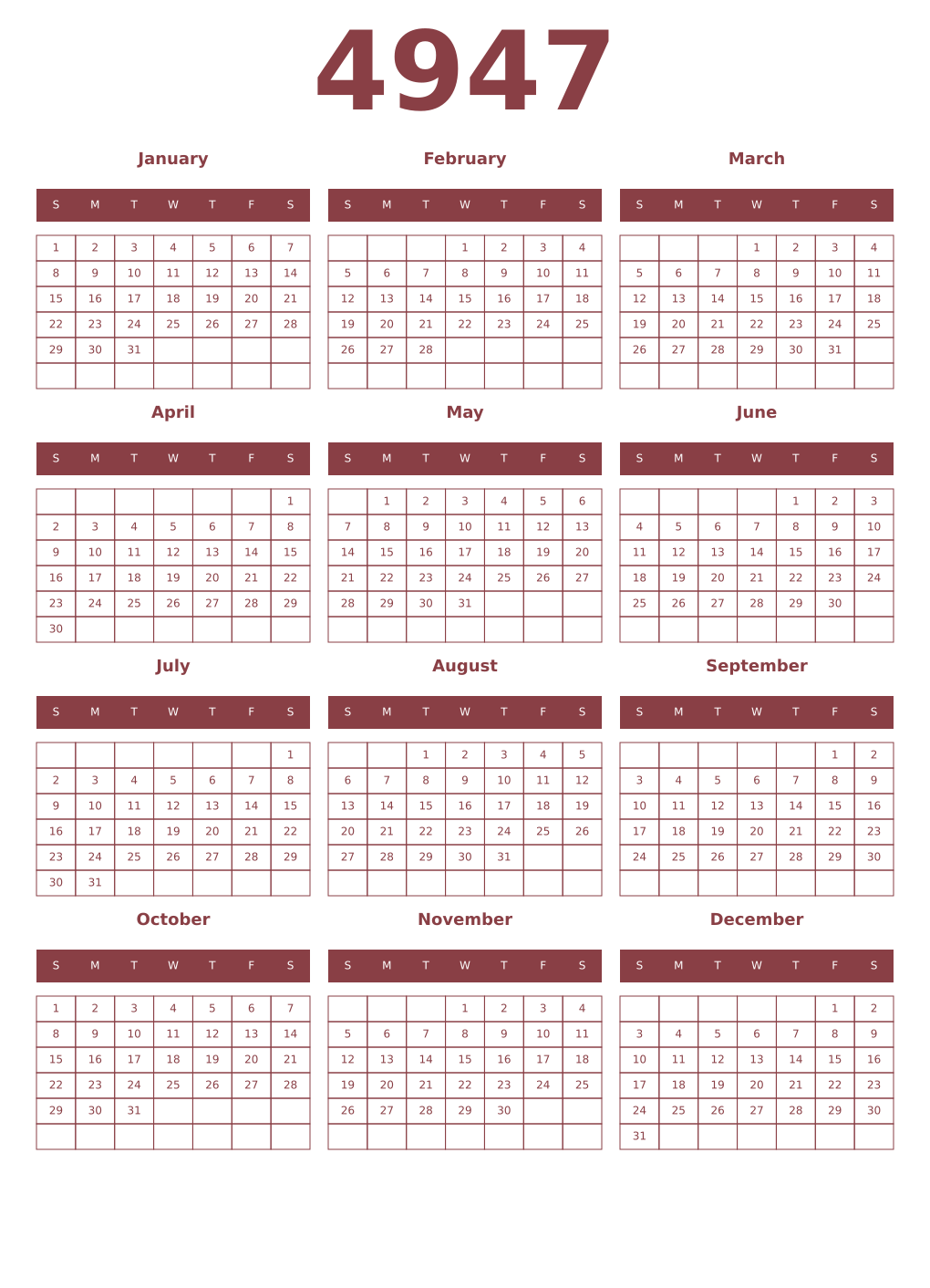 Printable 4947 Year Calendars cordovan