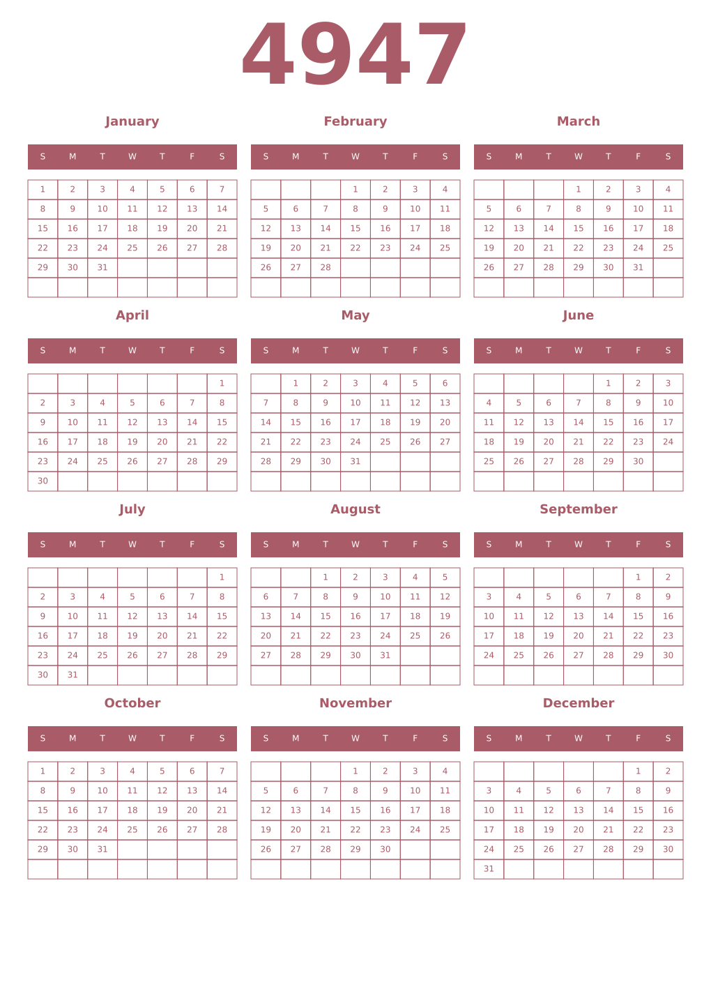 Printable 4947 Year Calendars puce
