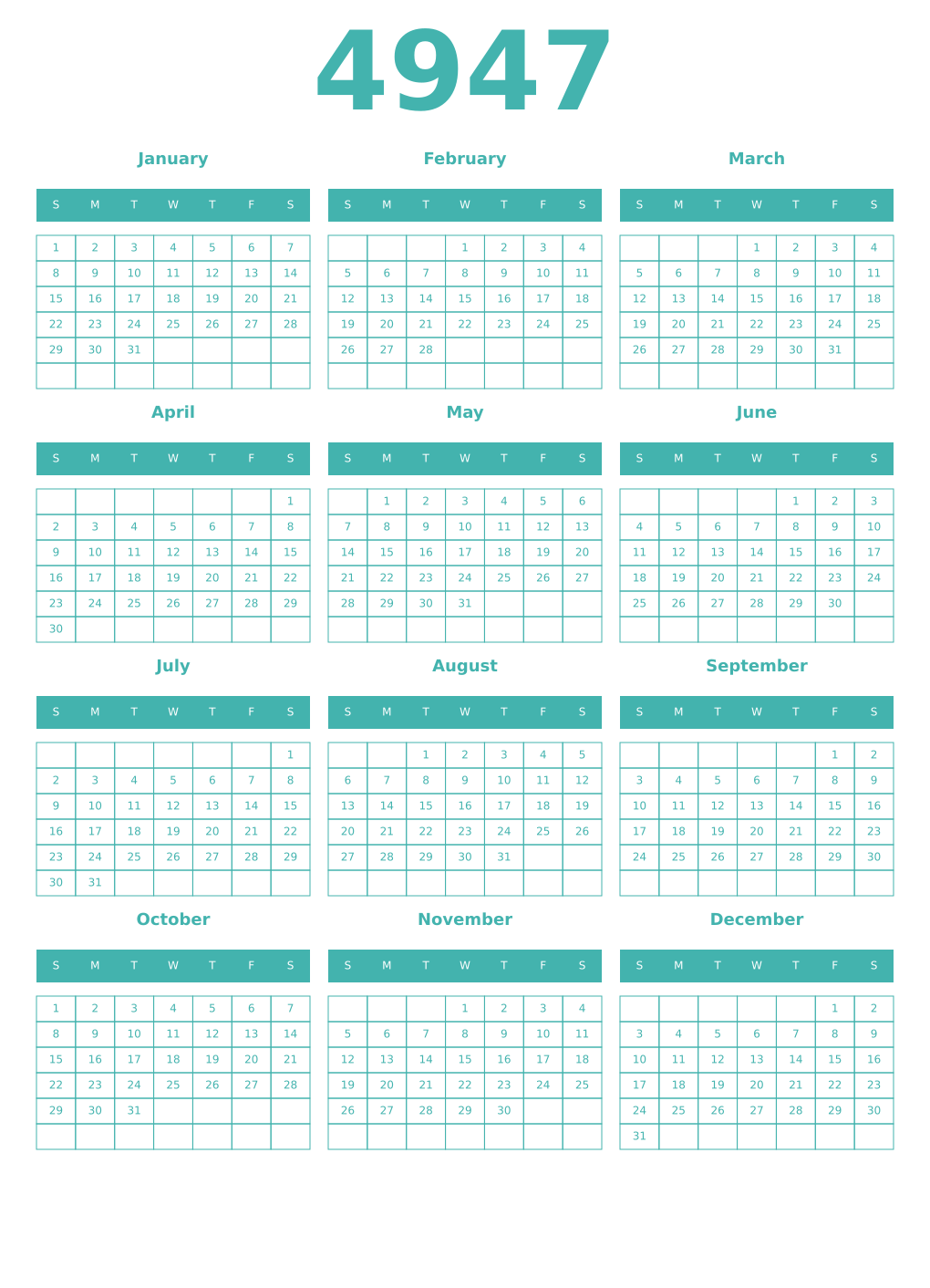 Printable 4947 Year Calendars verdigris