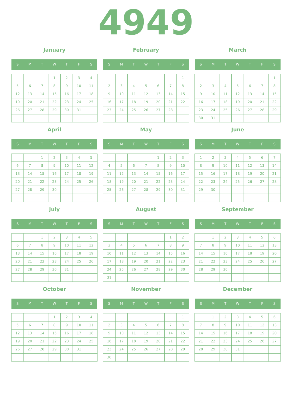 Printable 4949 Year Calendars celadon