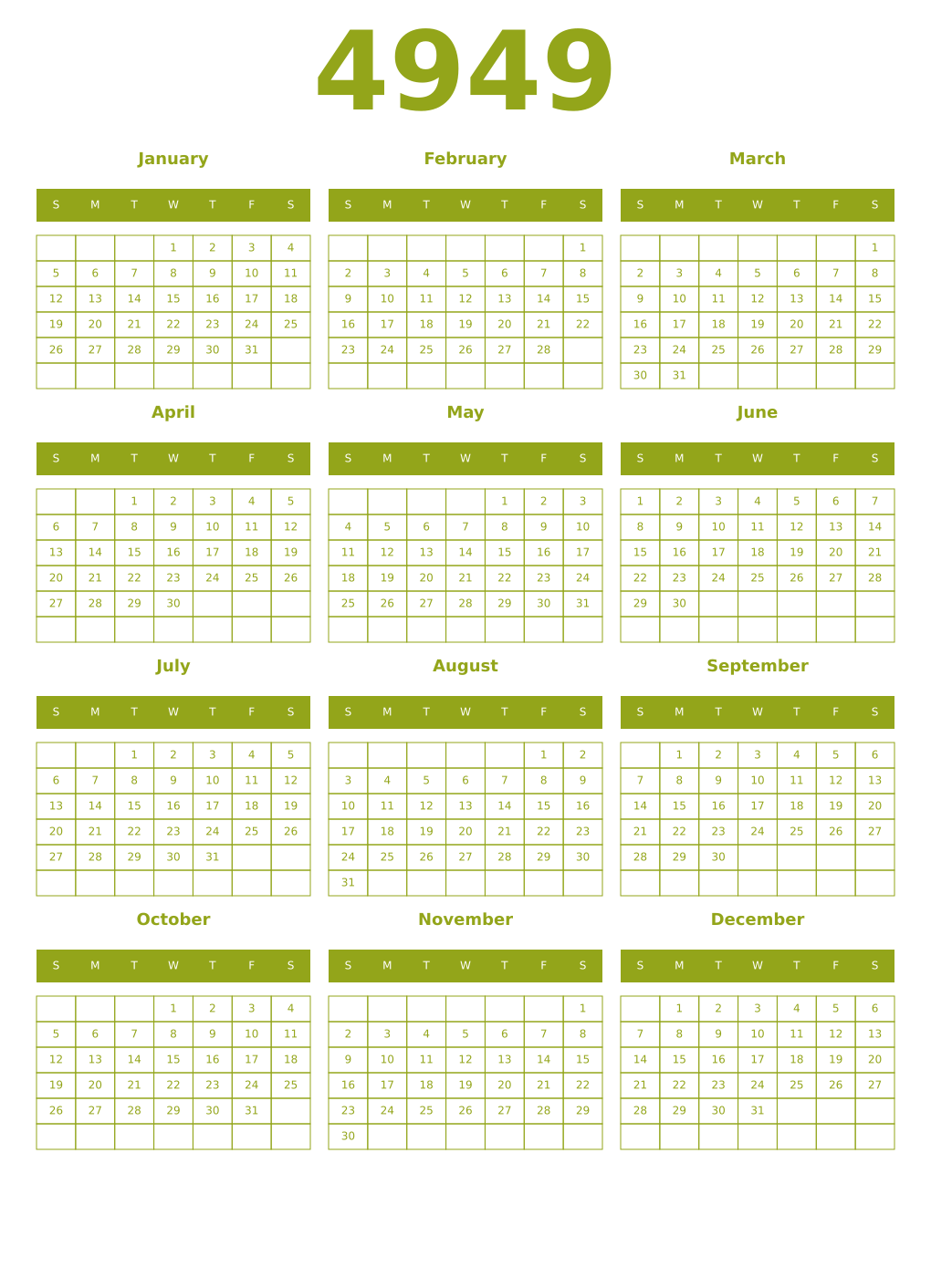 Printable 4949 Year Calendars chartreuse