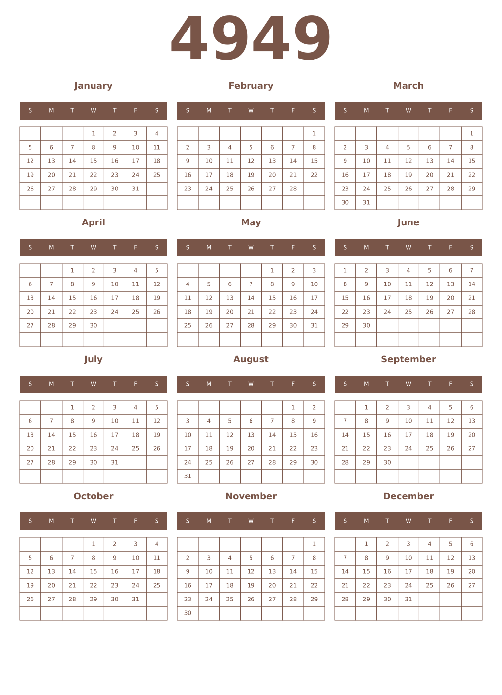 Printable 4949 Year Calendars coffe