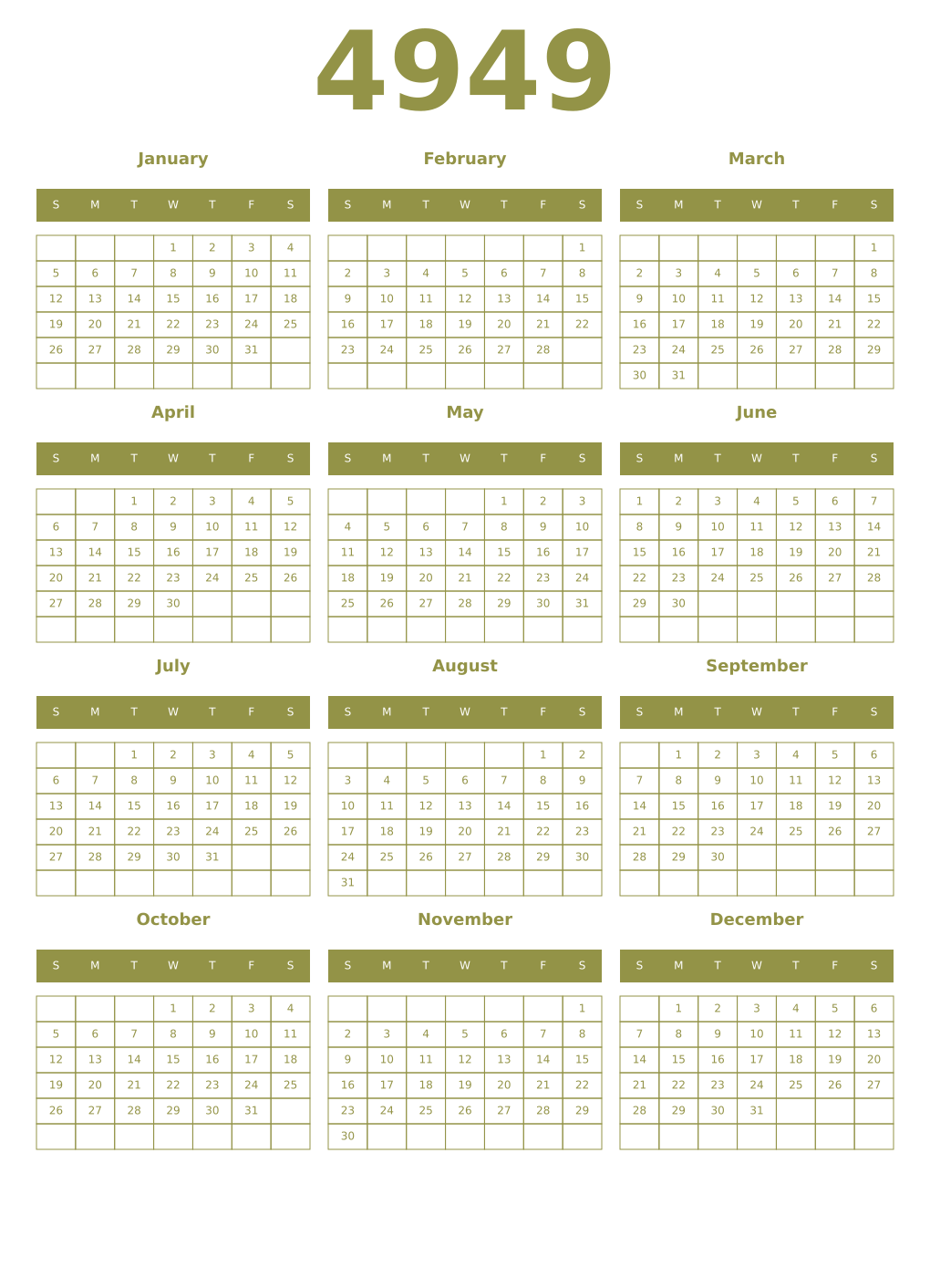 Printable 4949 Year Calendars eburnean