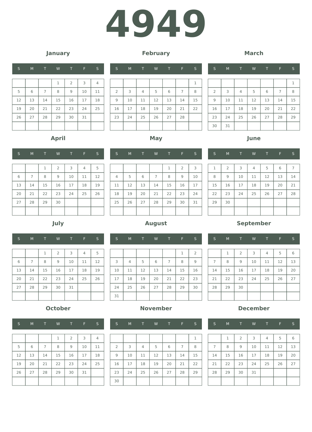 Printable 4949 Year Calendars feldgrau
