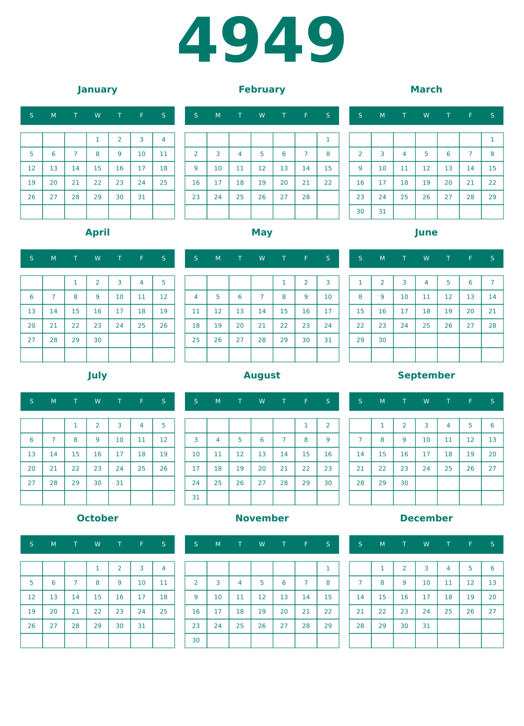 Printable 4949 Year Calendars pastel