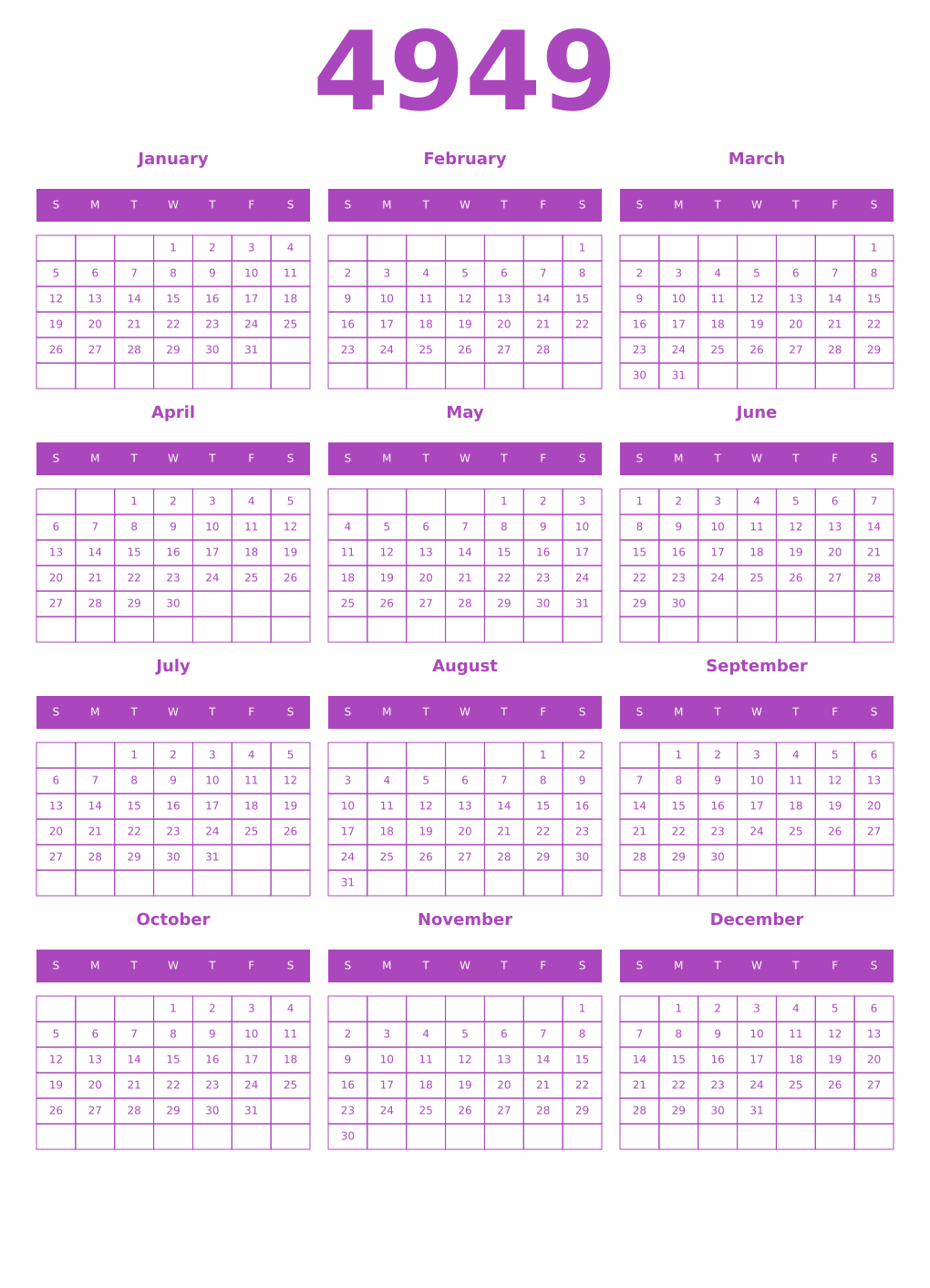 Printable 4949 Year Calendars purple