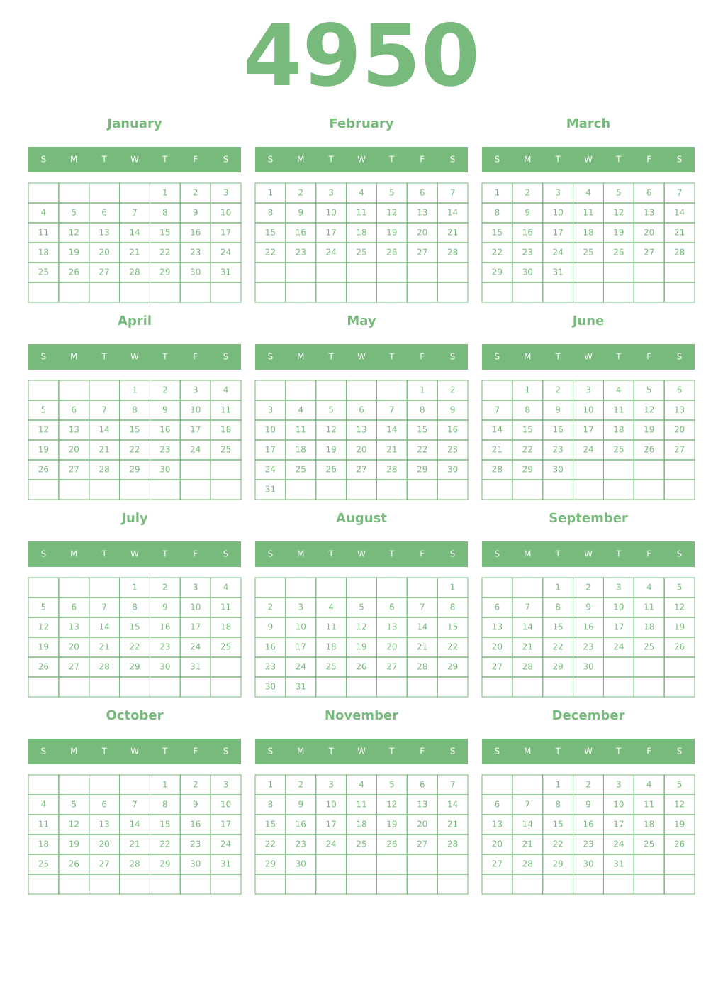 Printable 4950 Year Calendars celadon