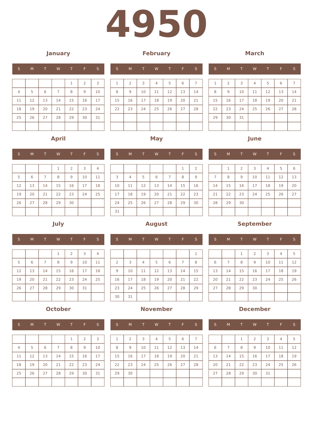 Printable 4950 Year Calendars coffe