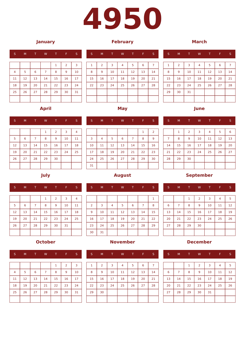 Printable 4950 Year Calendars falu