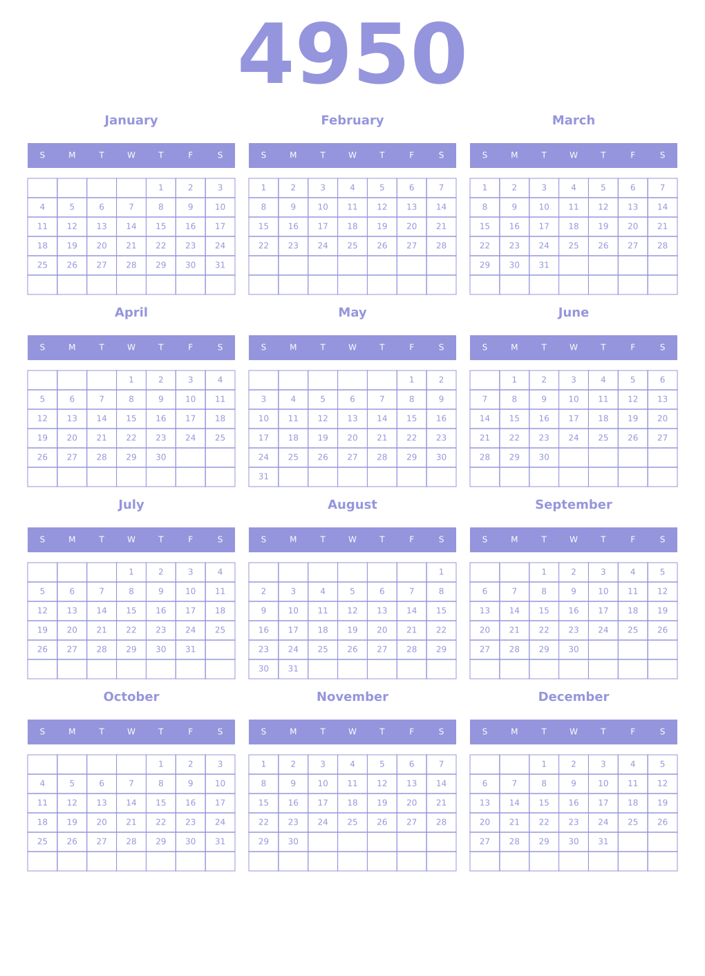 Printable 4950 Year Calendars periwinkle