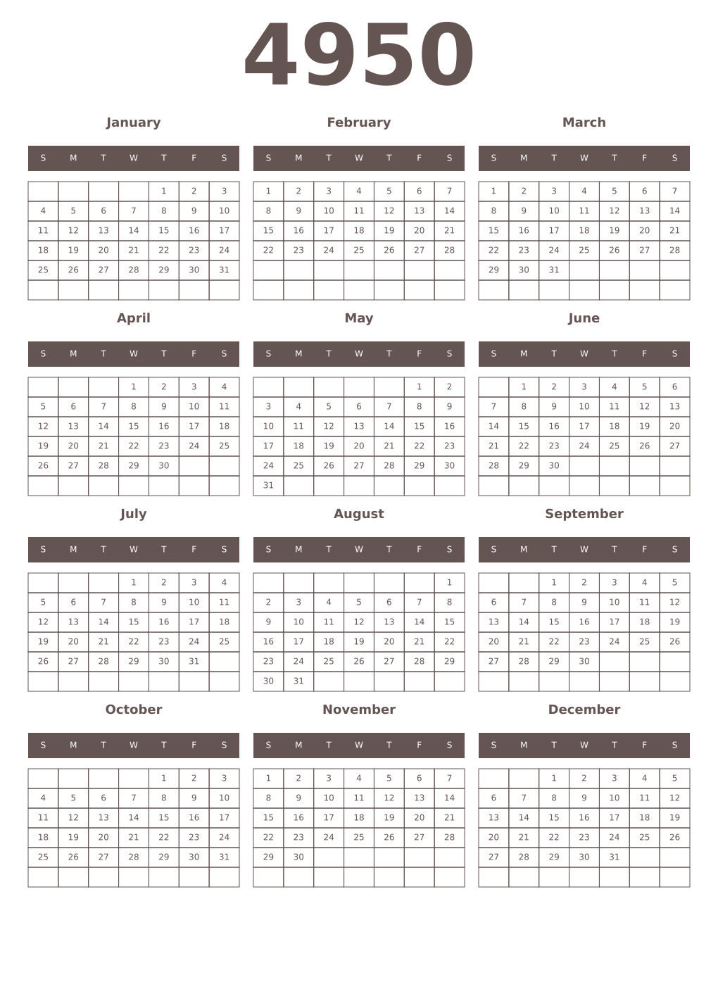 Printable 4950 Year Calendars wenge