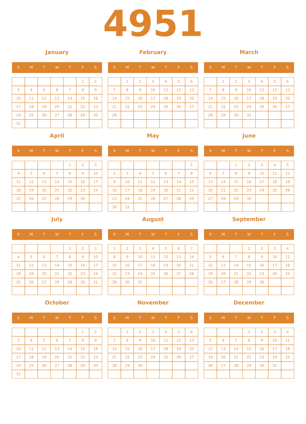 Printable 4951 Year Calendars orange