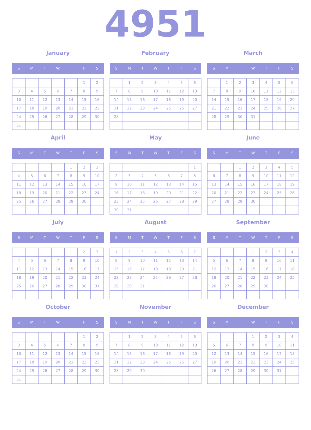 Printable 4951 Year Calendars periwinkle