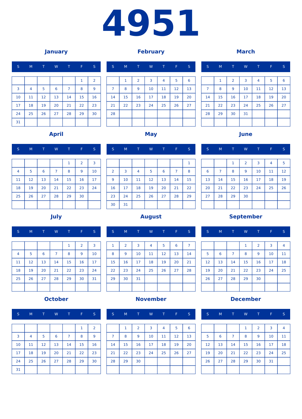 Printable 4951 Year Calendars smalt