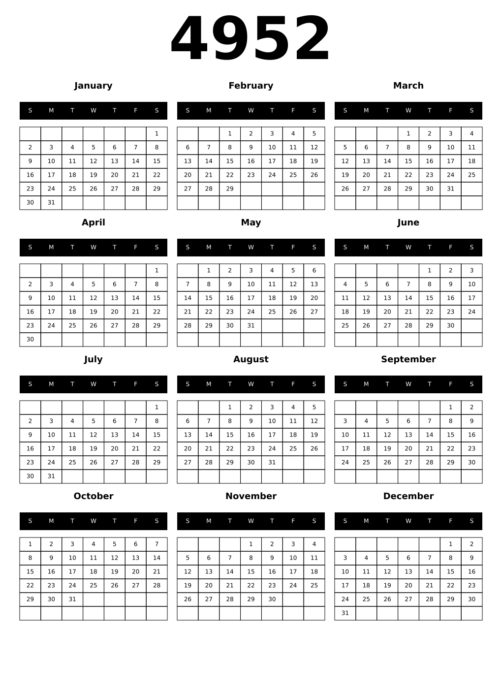 Printable 4952 Year Calendars black