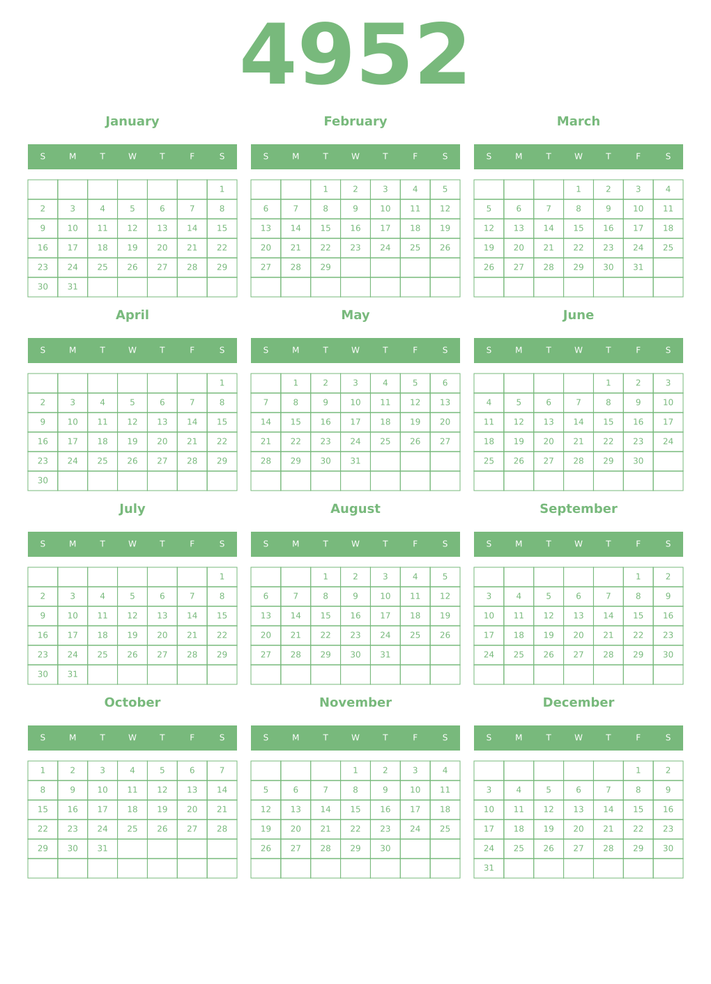 Printable 4952 Year Calendars celadon