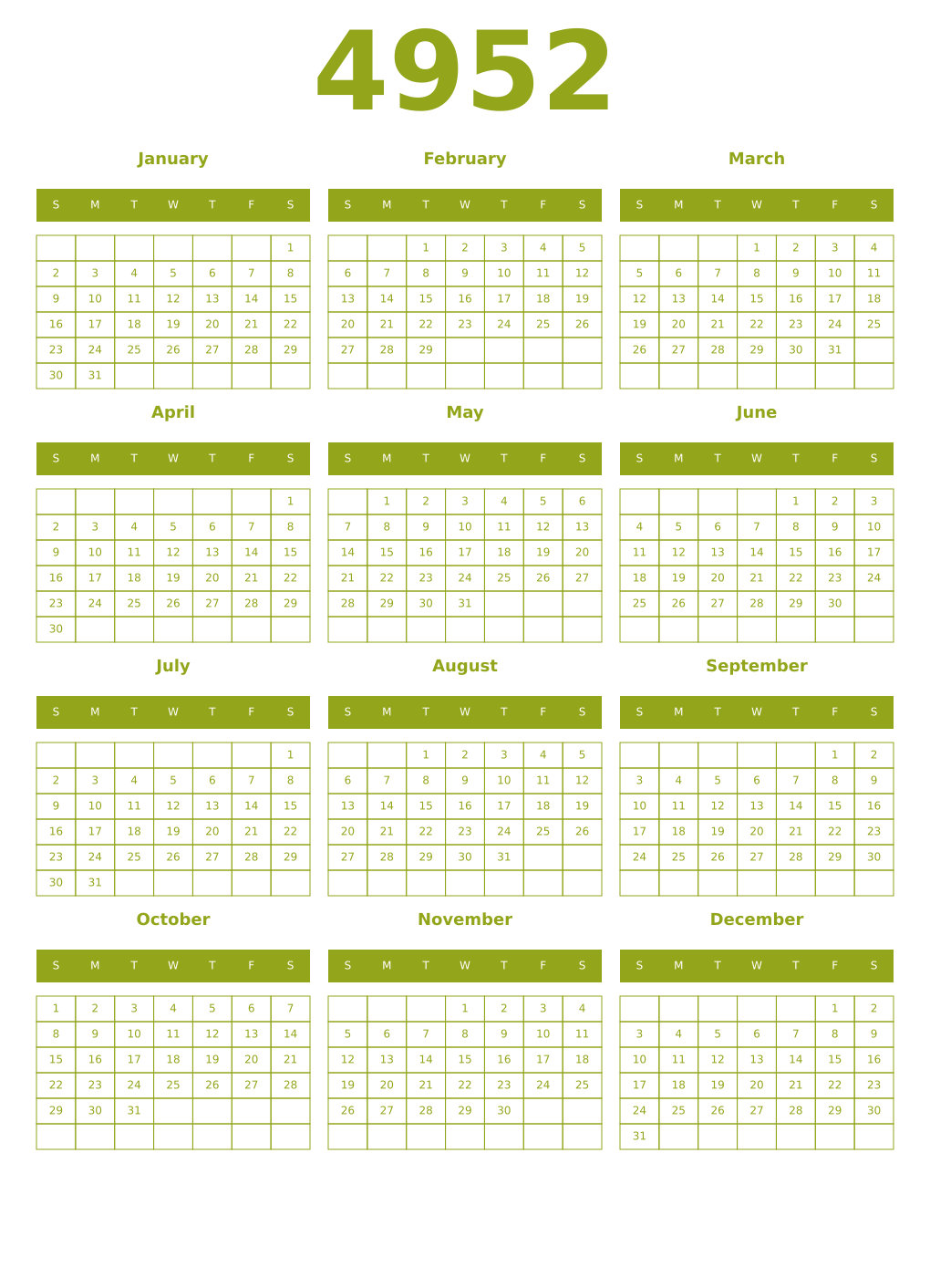 Printable 4952 Year Calendars chartreuse