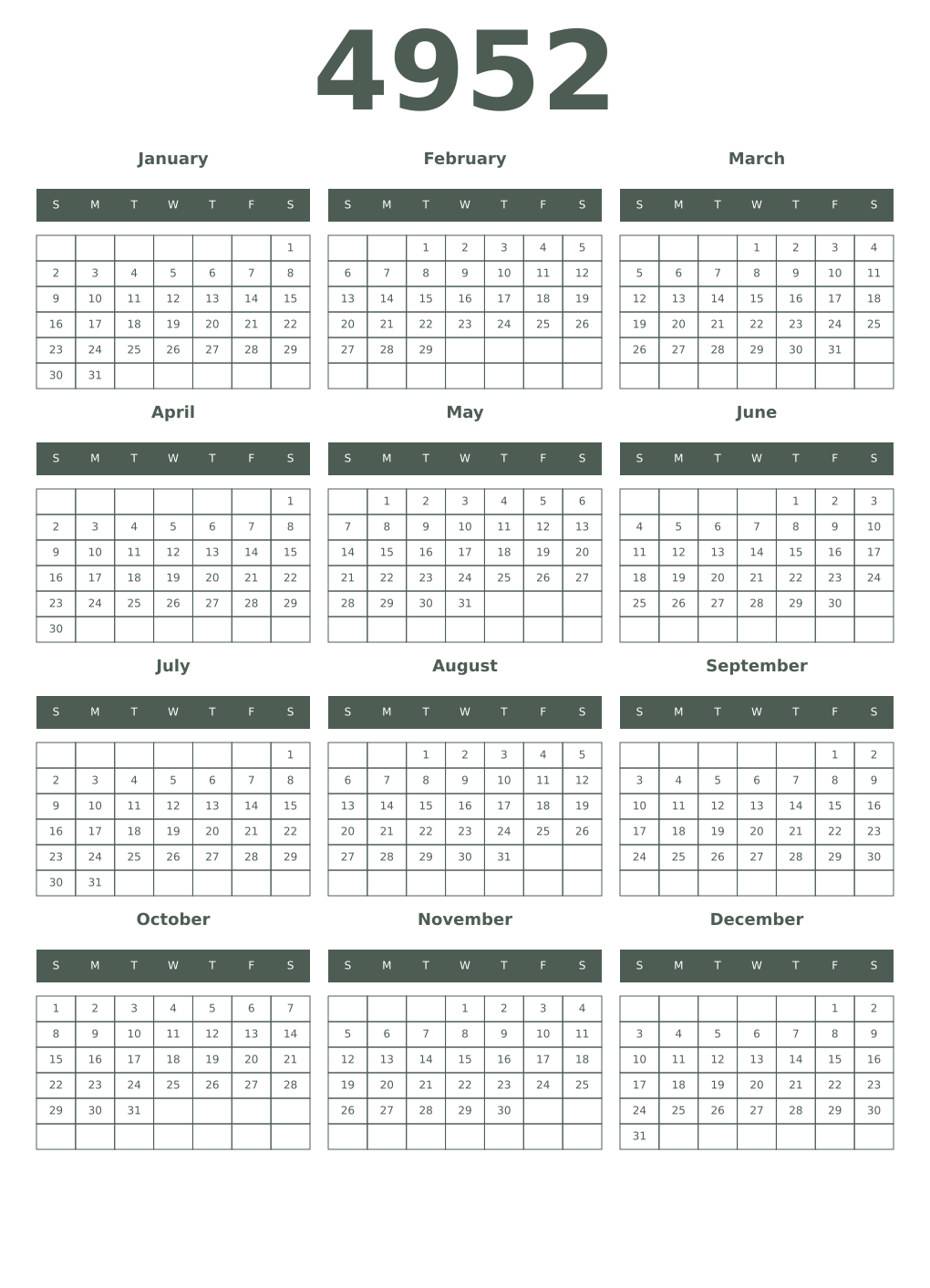 Printable 4952 Year Calendars feldgrau