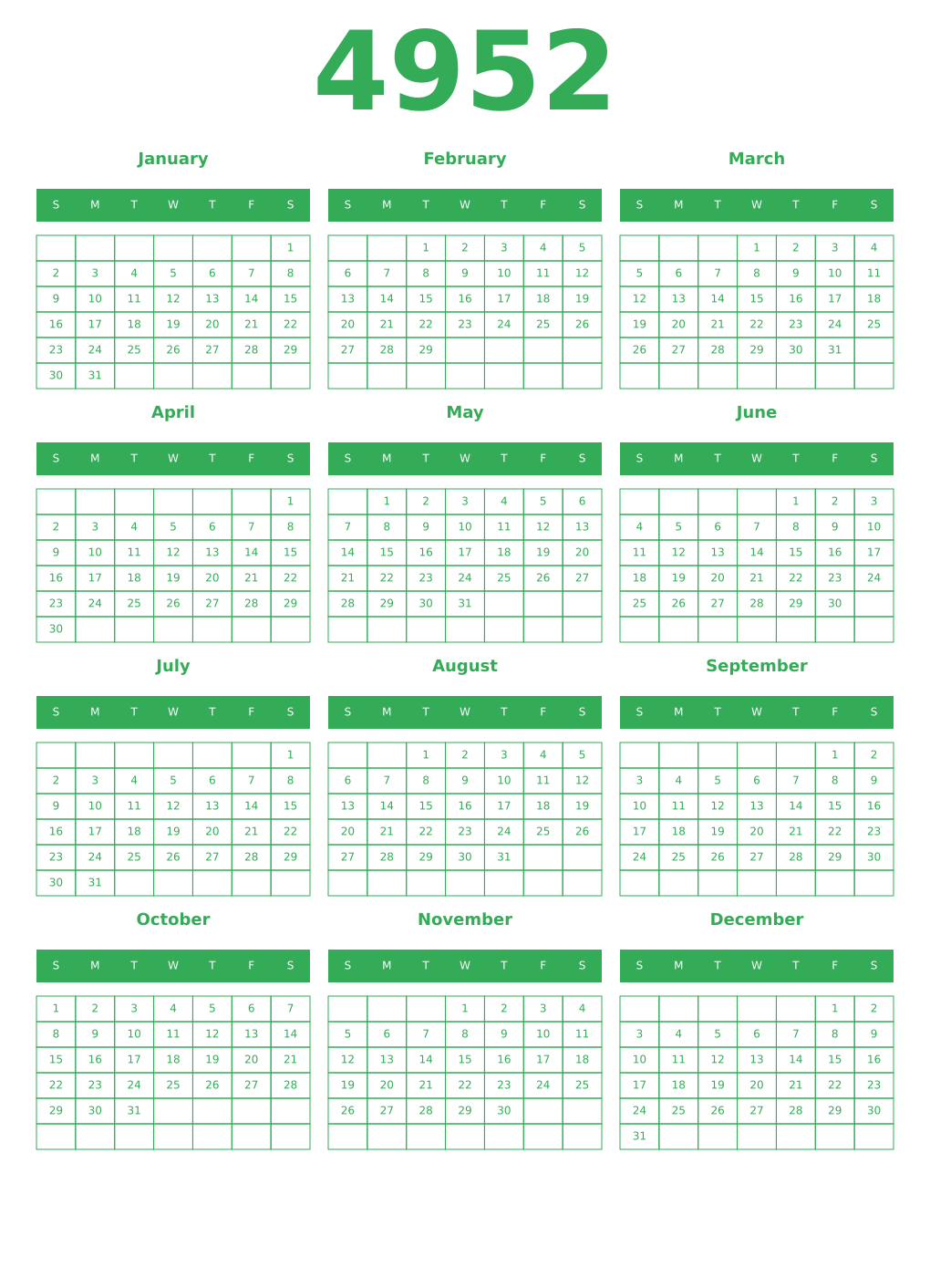 Printable 4952 Year Calendars green