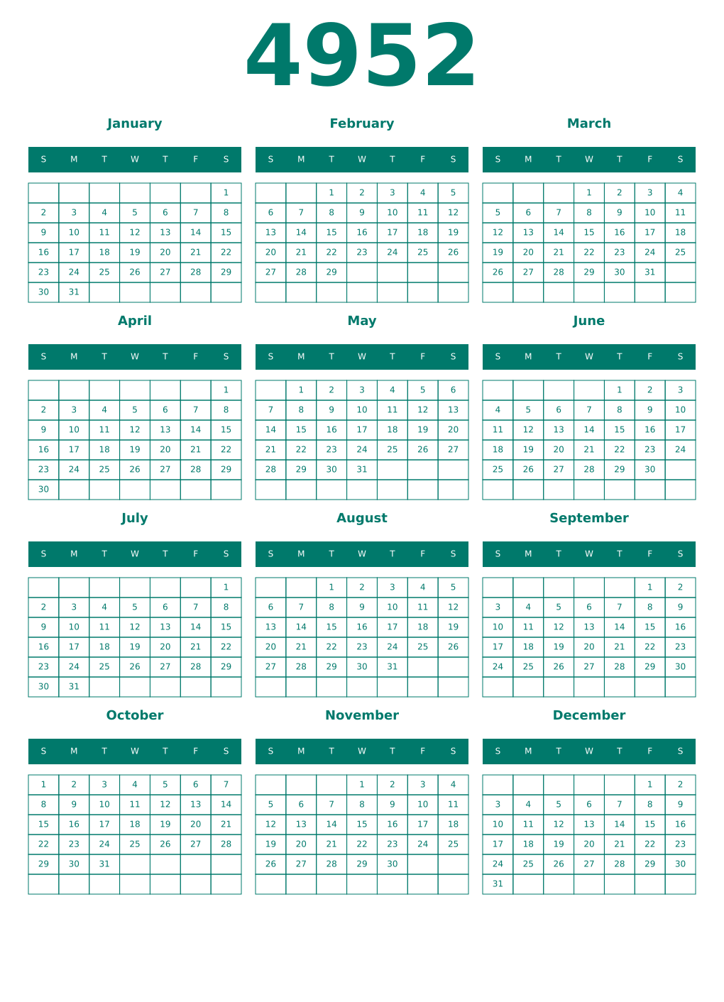 Printable 4952 Year Calendars pastel