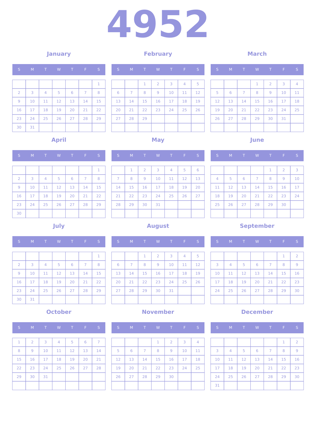 Printable 4952 Year Calendars periwinkle