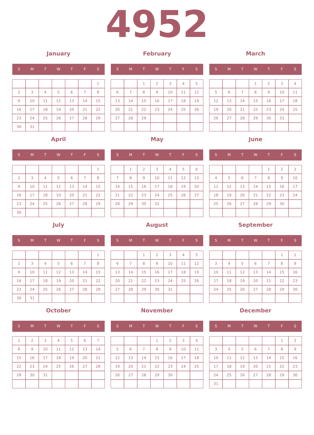 Printable 4952 Year Calendars puce