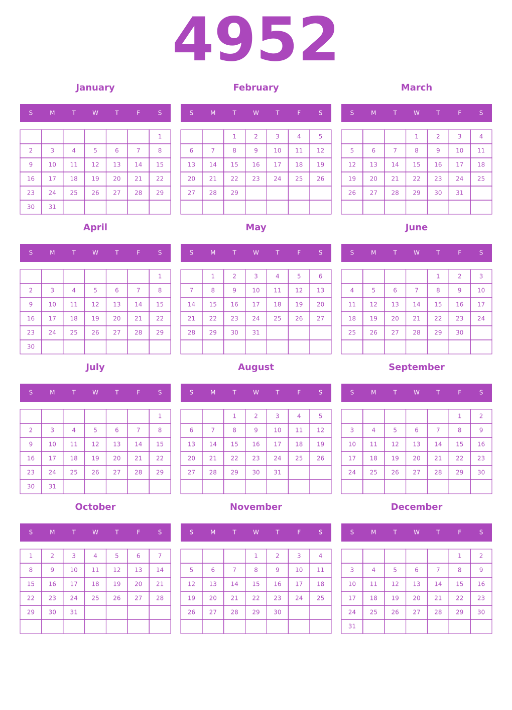 Printable 4952 Year Calendars purple