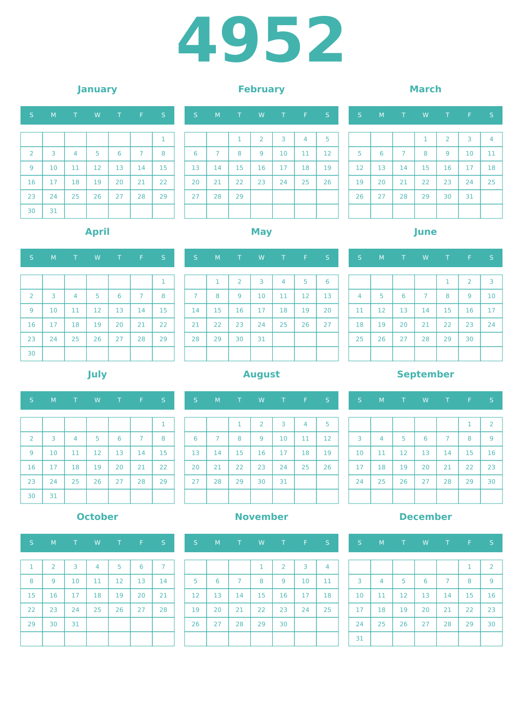 Printable 4952 Year Calendars verdigris