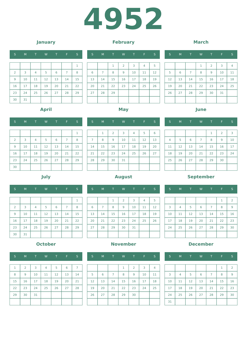 Printable 4952 Year Calendars viridian