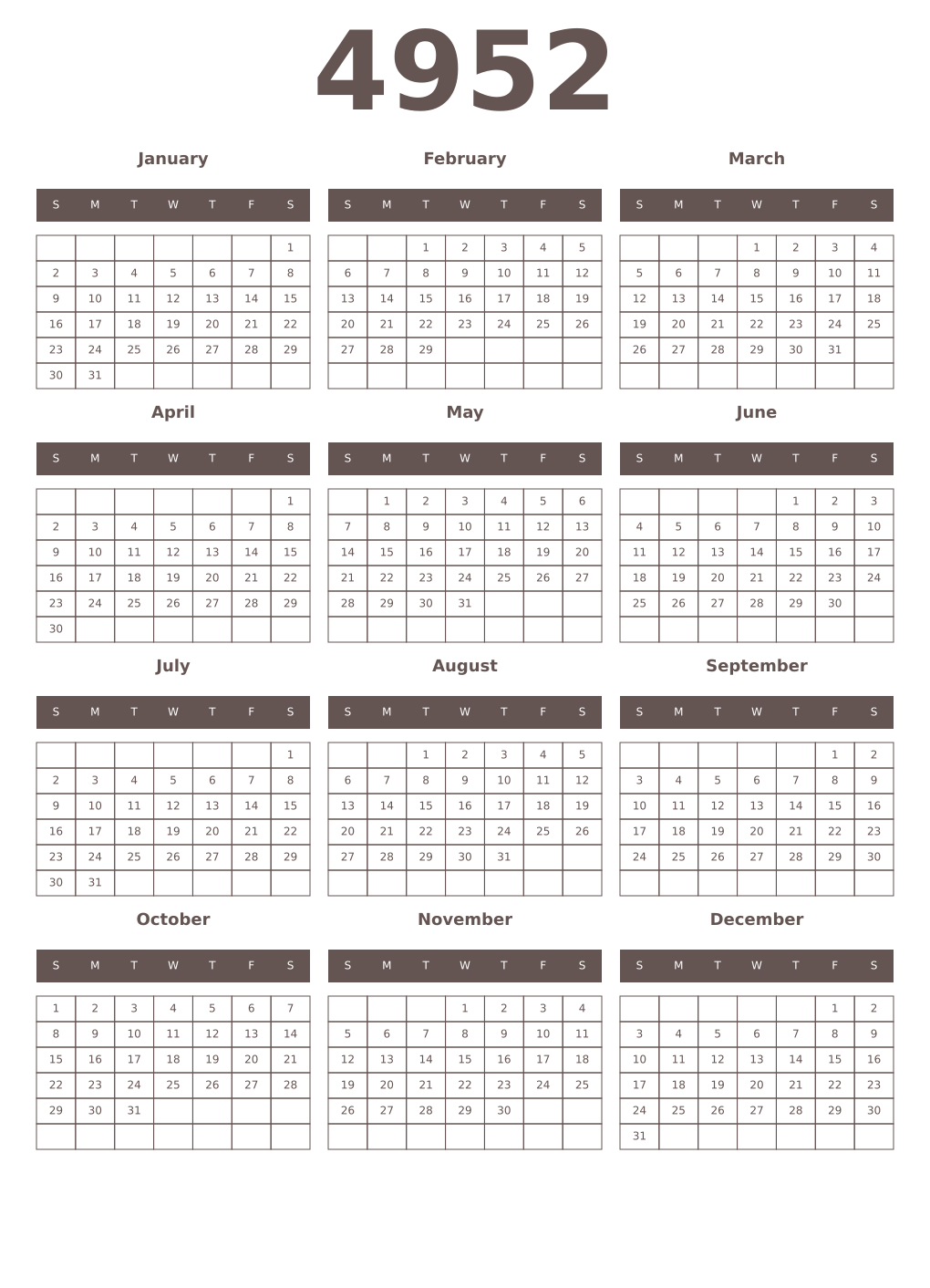 Printable 4952 Year Calendars wenge