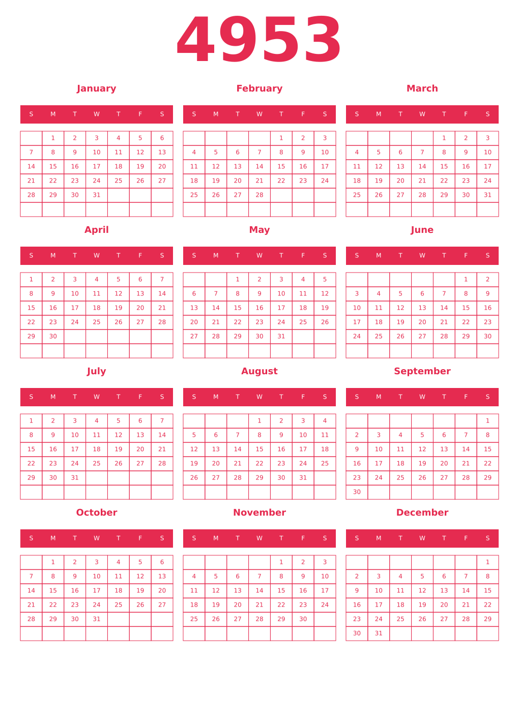 Printable 4953 Year Calendars amaranth