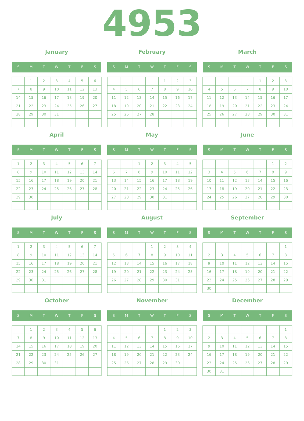 Printable 4953 Year Calendars celadon