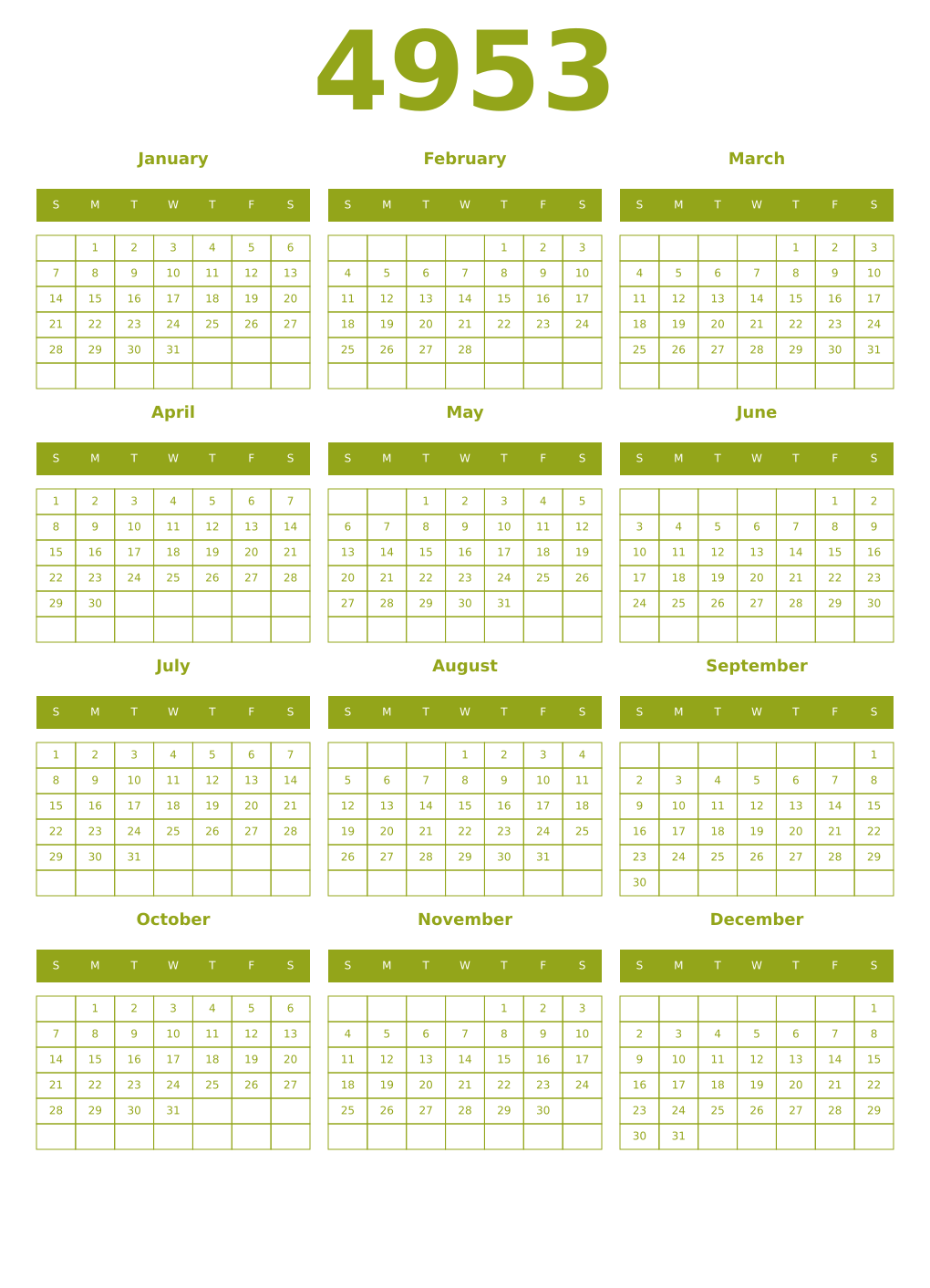 Printable 4953 Year Calendars chartreuse