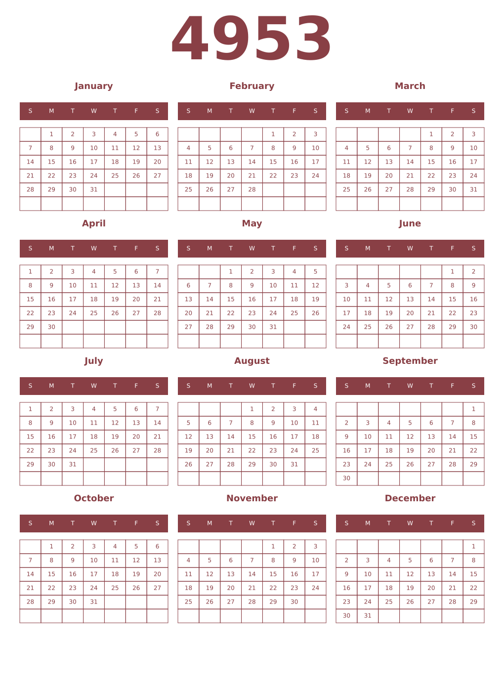 Printable 4953 Year Calendars cordovan
