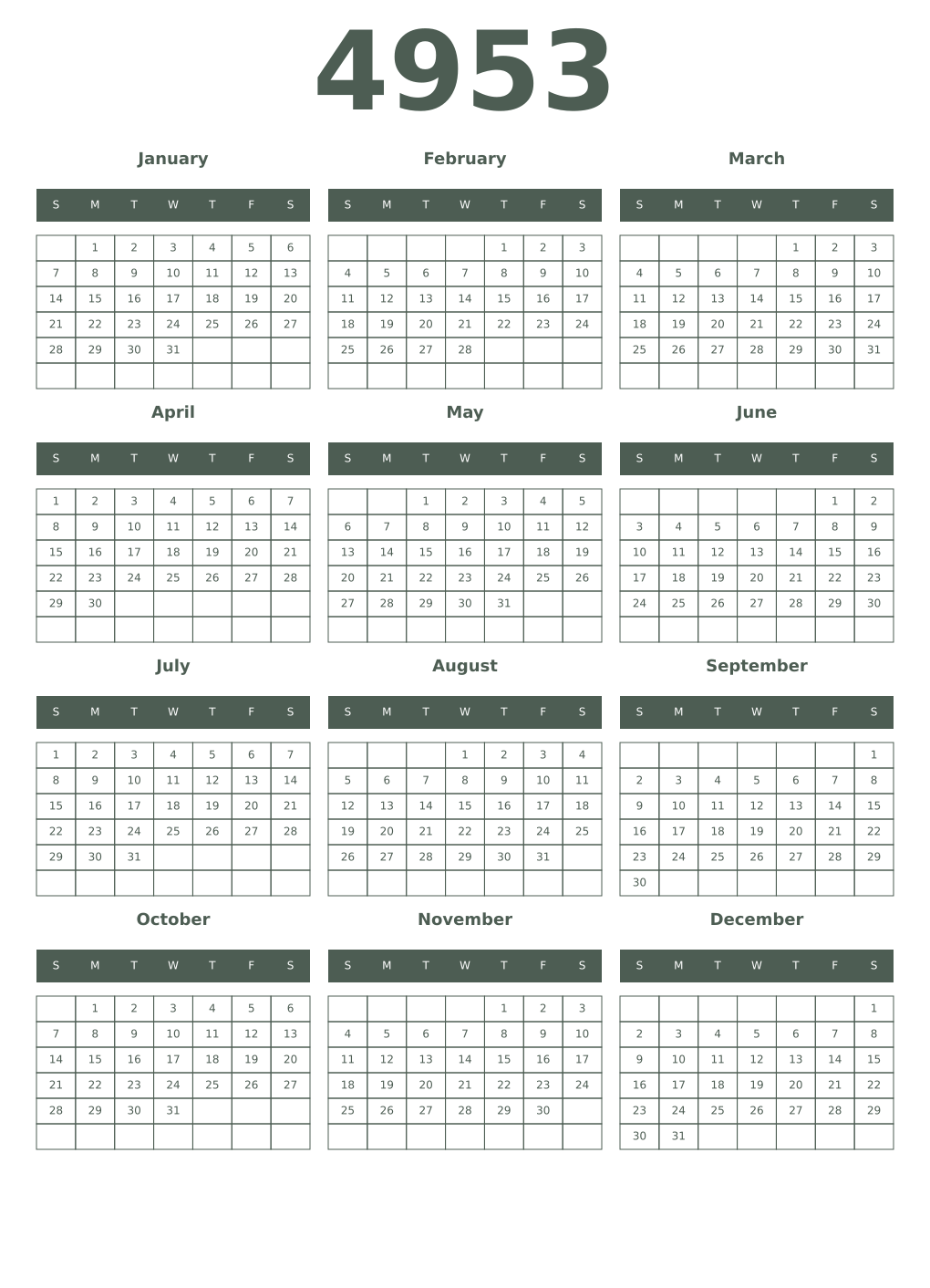 Printable 4953 Year Calendars feldgrau