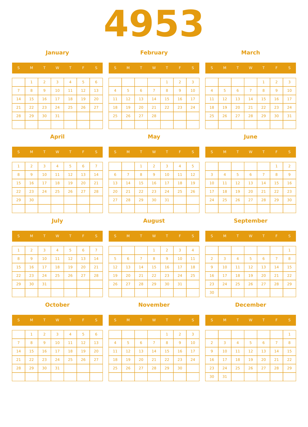 Printable 4953 Year Calendars gamboge