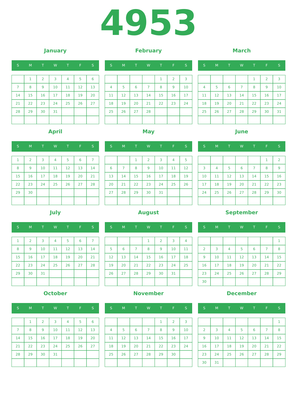 Printable 4953 Year Calendars green